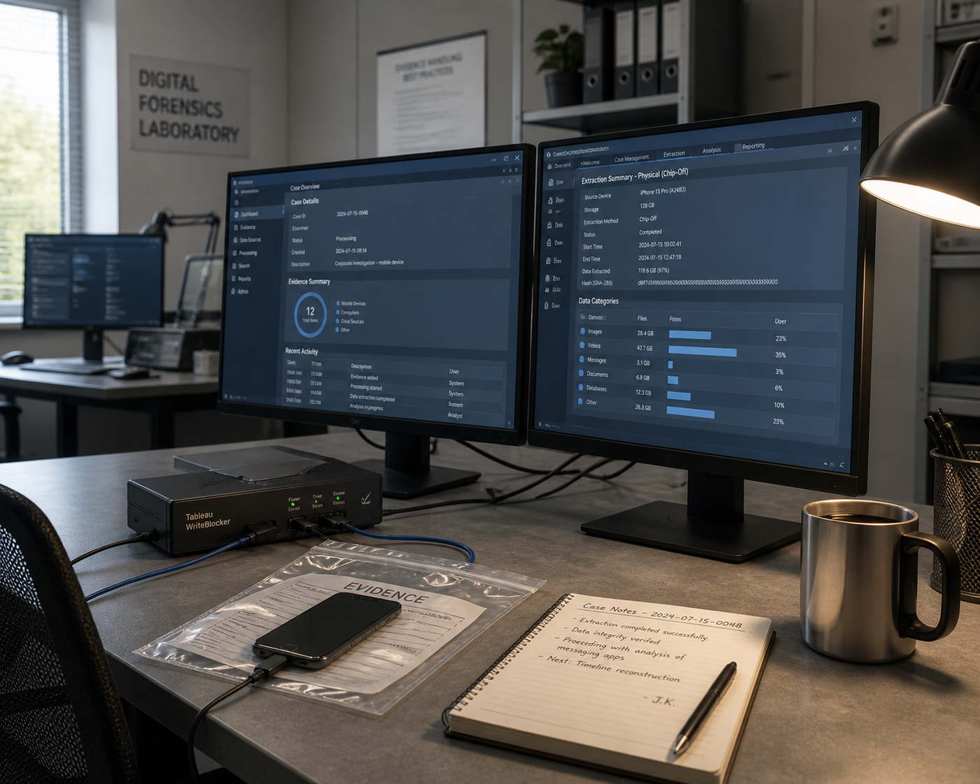 Teradrive digital forensics laboratory workstation in Langley, BC — dual monitors showing case management and chip-off extraction tooling, with Tableau write-blocker and sealed evidence bag